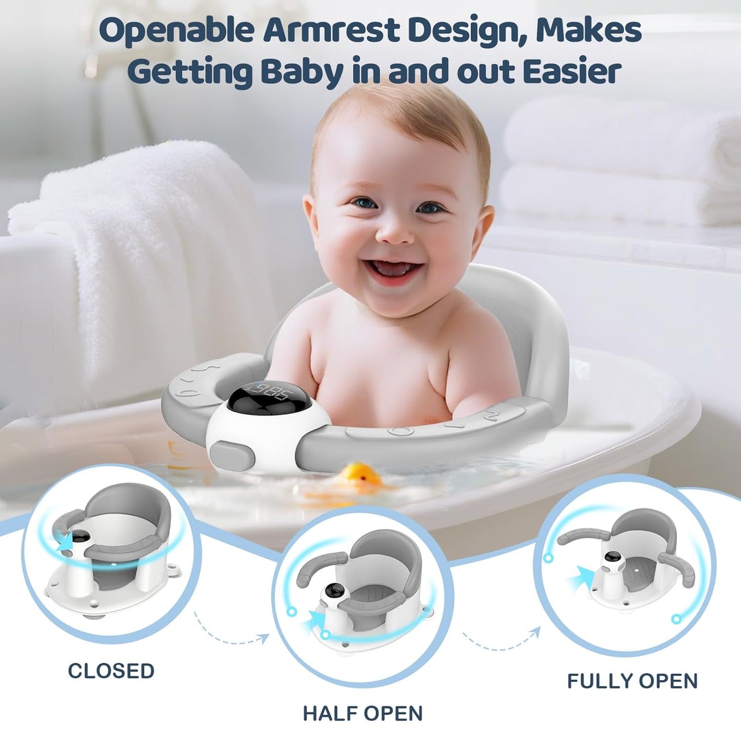 Baby Bath Seat-for Babies 6 Months & up, Water Temperature Display+Soft Cushion, Non-Slip Toddler Bath Seat for Baby, Sit Up Bath Seat for Baby, Grey