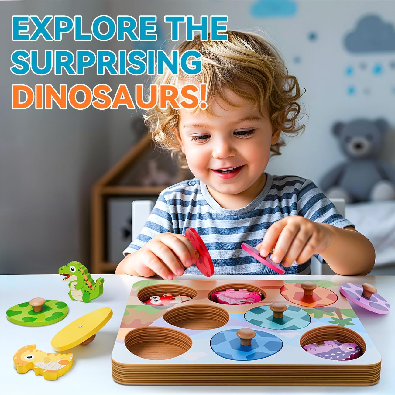 Dinosaur Wooden Puzzles for Toddlers 1-3, Montessori Toys for 1 2 Year Old Boy Birthday Gifts, Dinosaur Matching Eggs Peg Puzzles for Toddlers Age 2-4, Preschool Learning Activities for Girls