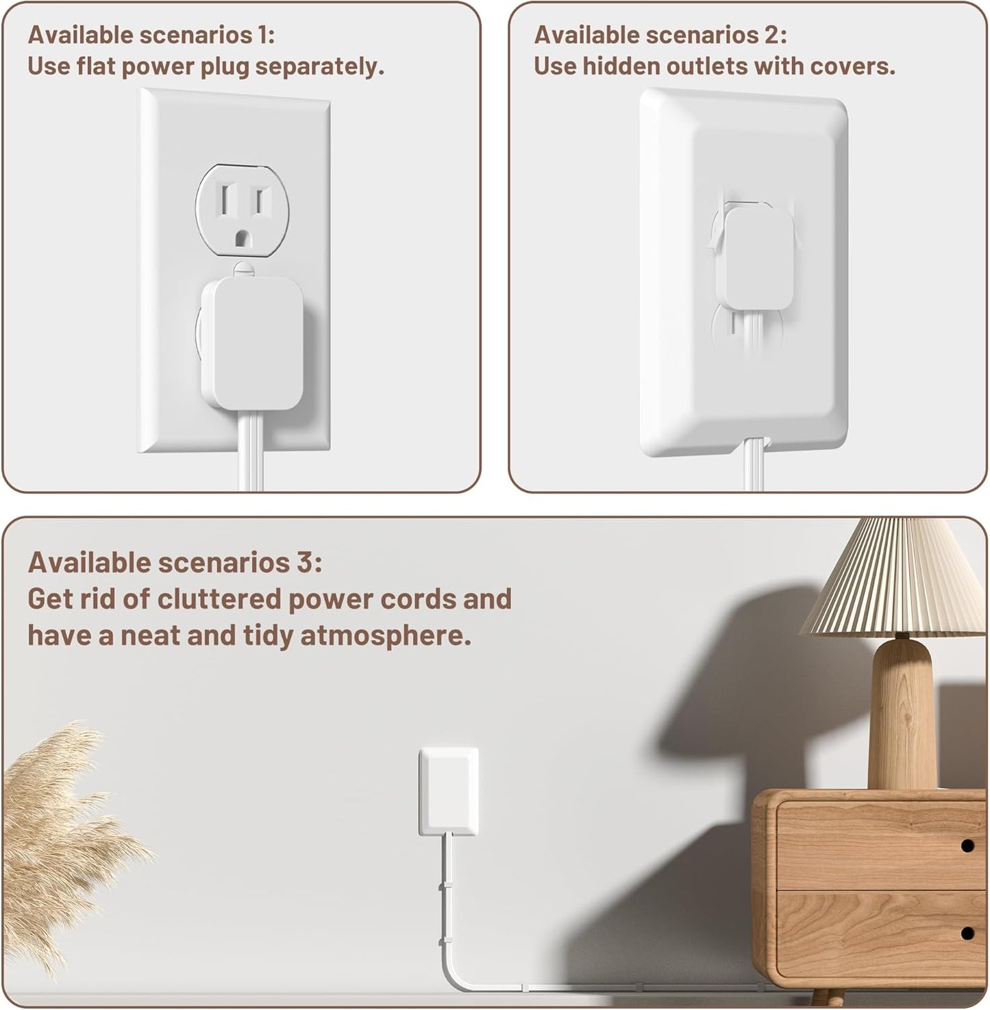 8FT Flat Plug Extension Cord with 3 Outlet Power Strip,Ultra Thin Outlet Concealer with Outlet Covers Baby Proofing,Flat Face Outlet Extender for Home,Bedroom,Kitchen with ETL Listed,White