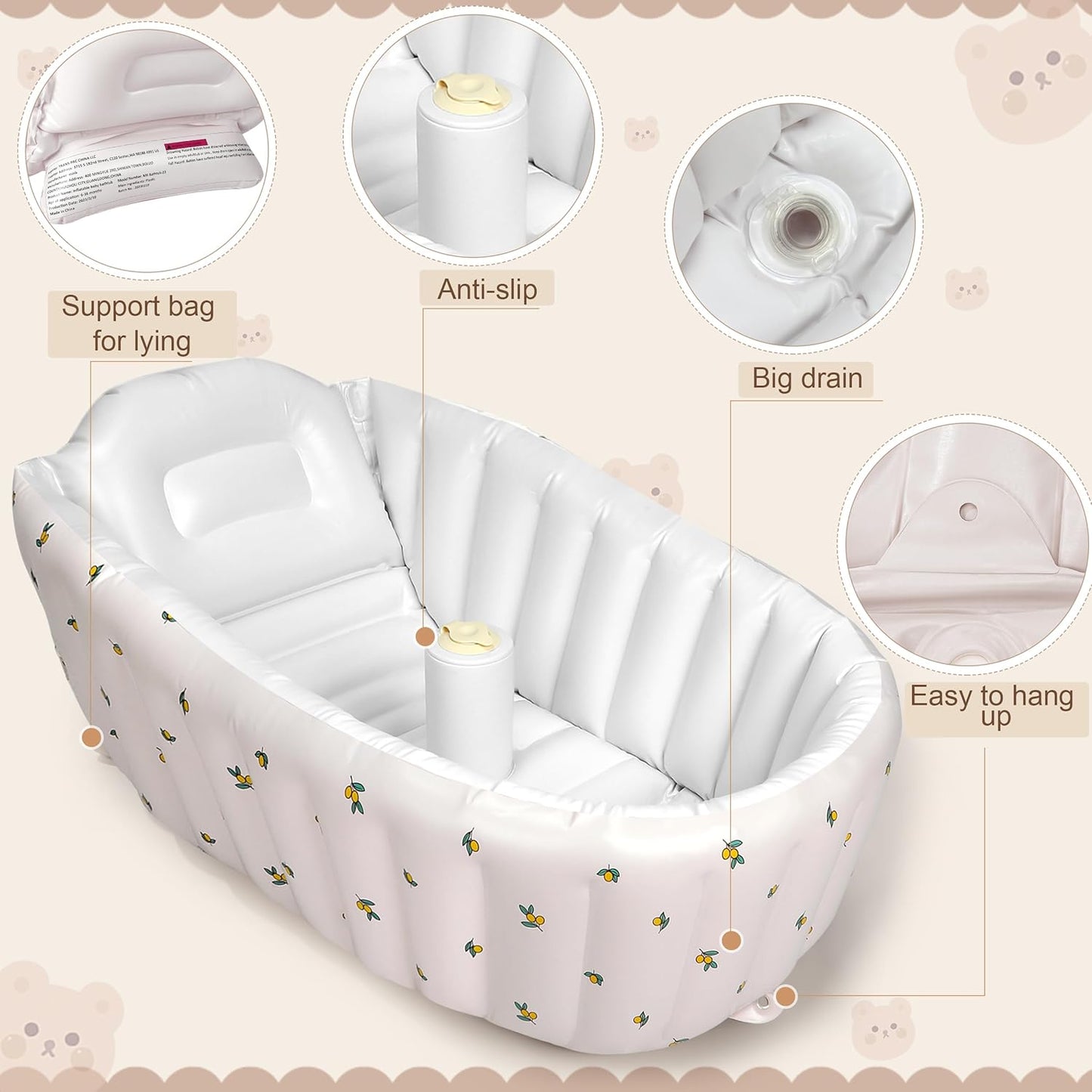Mink Inflatable Baby Bathtub with Built-in Air Pump, Newborn to Toddler Bath Tub,Portable Travel Shower Basin with Back Support, Deflates and Folds Easily (Olive Bath)
