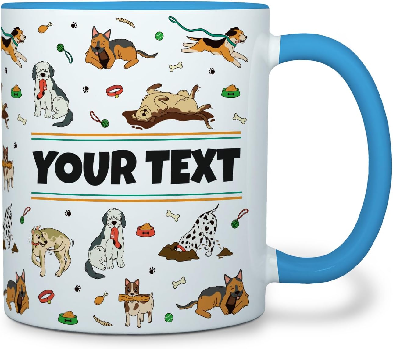 Personalized Mug for Kids - Dogs - Custom Name/Text, Ceramic Hot Chocolate/Cocoa/Coffee Cup for Boys/Girls, Birthday/Christmas/Holiday Gift - 11 oz, Light Blue Handle