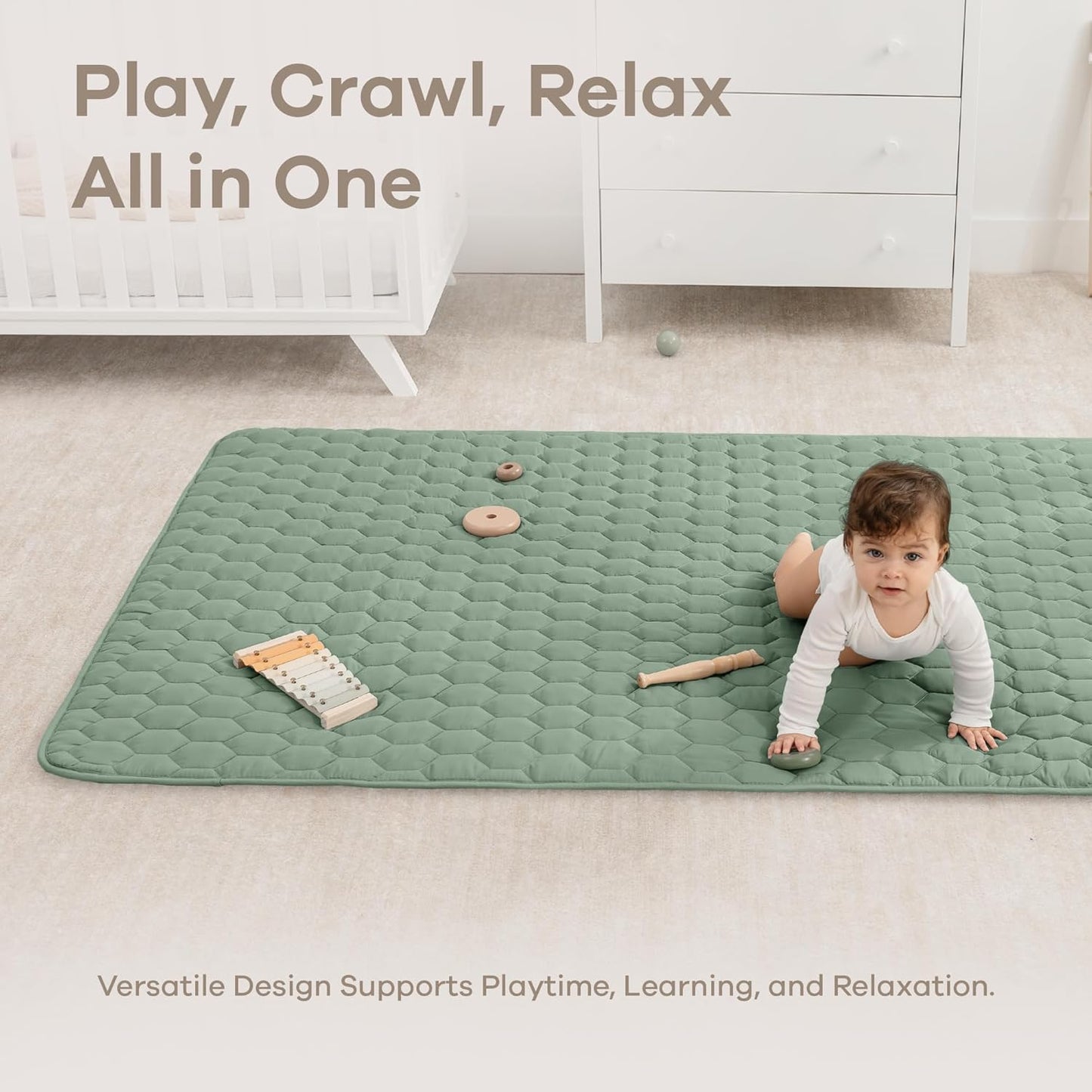 Comfy Cubs Rectangle Kids Play Mat - Medium 48 x 72 inches Soft Quilted Baby Floor Mat with Non-Slip Bottom - Plush Design for Toddlers Playtime and Relaxation - Comfortable and Durable - Fern