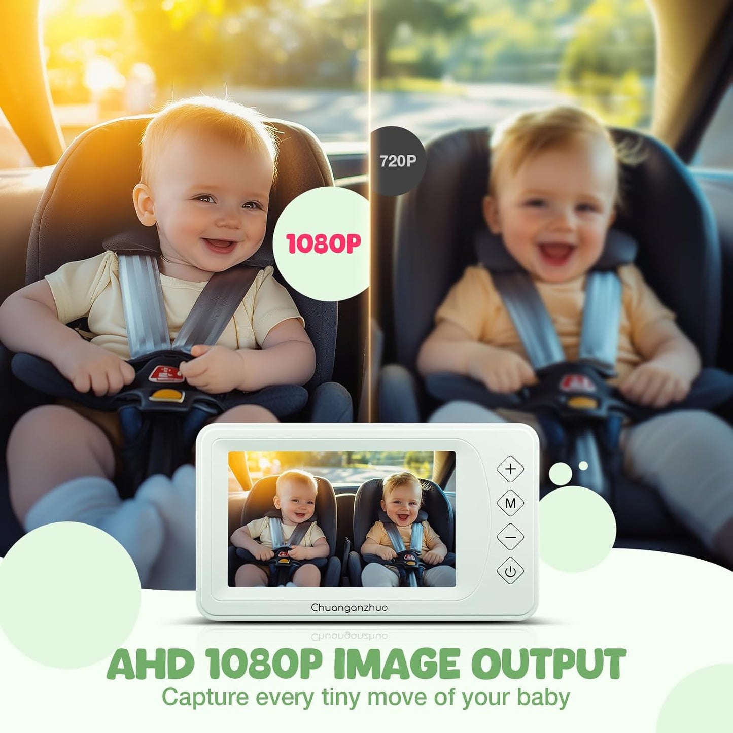 Baby Car Camera with Advanced Crystal-Clear Night Vision, 3X Zoom, USB Powered, 5'' AHD 1080P IPS Car Baby Monitor, Backseat Camera for Kids Infants Rear Facing Mirror, 5inch, Green