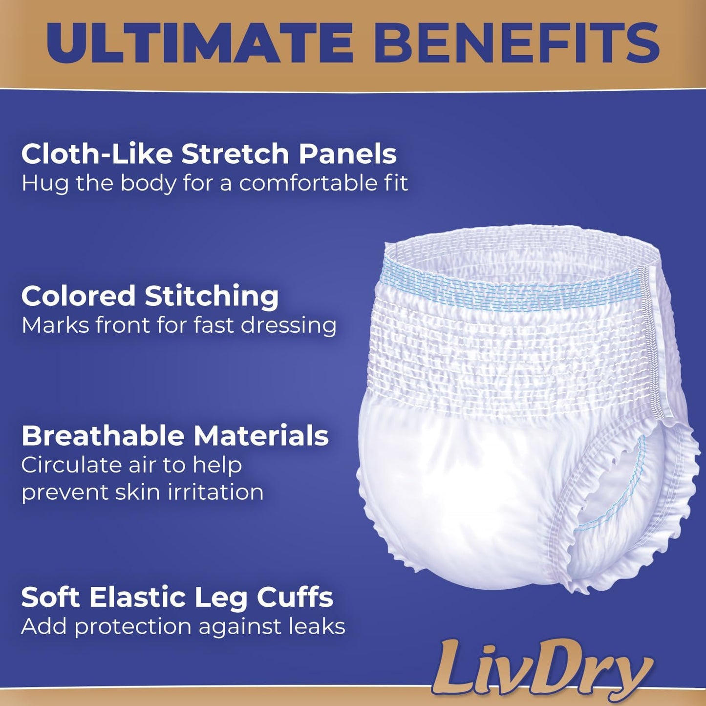 LivDry Ultimate Adult Incontinence Underwear, Max Absorbent Adult Diapers with Leak Protection, Medium, 17-Pack