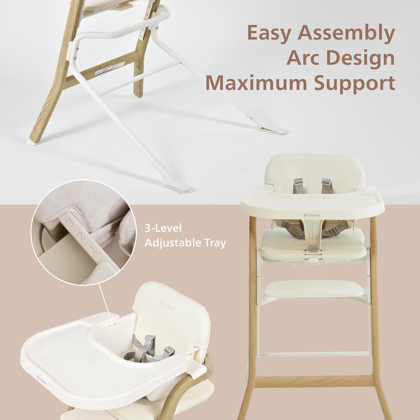 Unilove Grow with Me 2-in-1 Baby High Chair – Adjustable Toddler Chair with Baby Set, Removable Harness, One-Hand Seat & Footrest Adjustment, for Ages 6-60 Months - Vanilla White