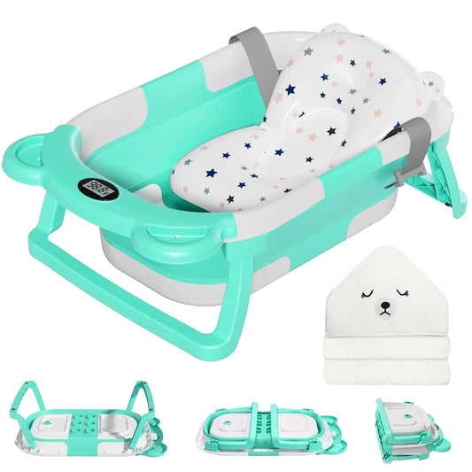 MoreFeel Collapsible Baby Bathtub for Newborn with Thermometer & 1 Hooded Towel & 1 Soft Floating Cushion,Portable Travel Bathtub with Drain Hole, Durable Foldable Baby Tubs for Infants to Toddler