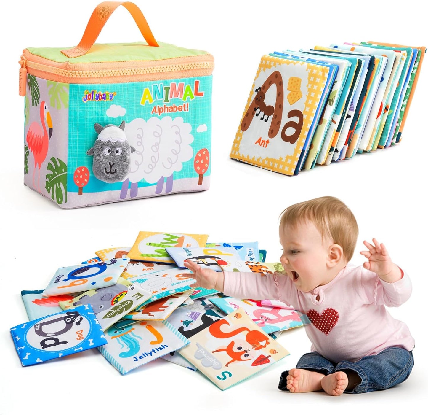 Jollybaby Reusable Soft Cloth ABC Alphabet/Letters Animal Flash Cards for Baby 0-3-6-9-12-18 Month, Curious Baby First Words Learning Activity Flashcards, Tummy Time Toy Gift for 1 Year Old Boy Girl