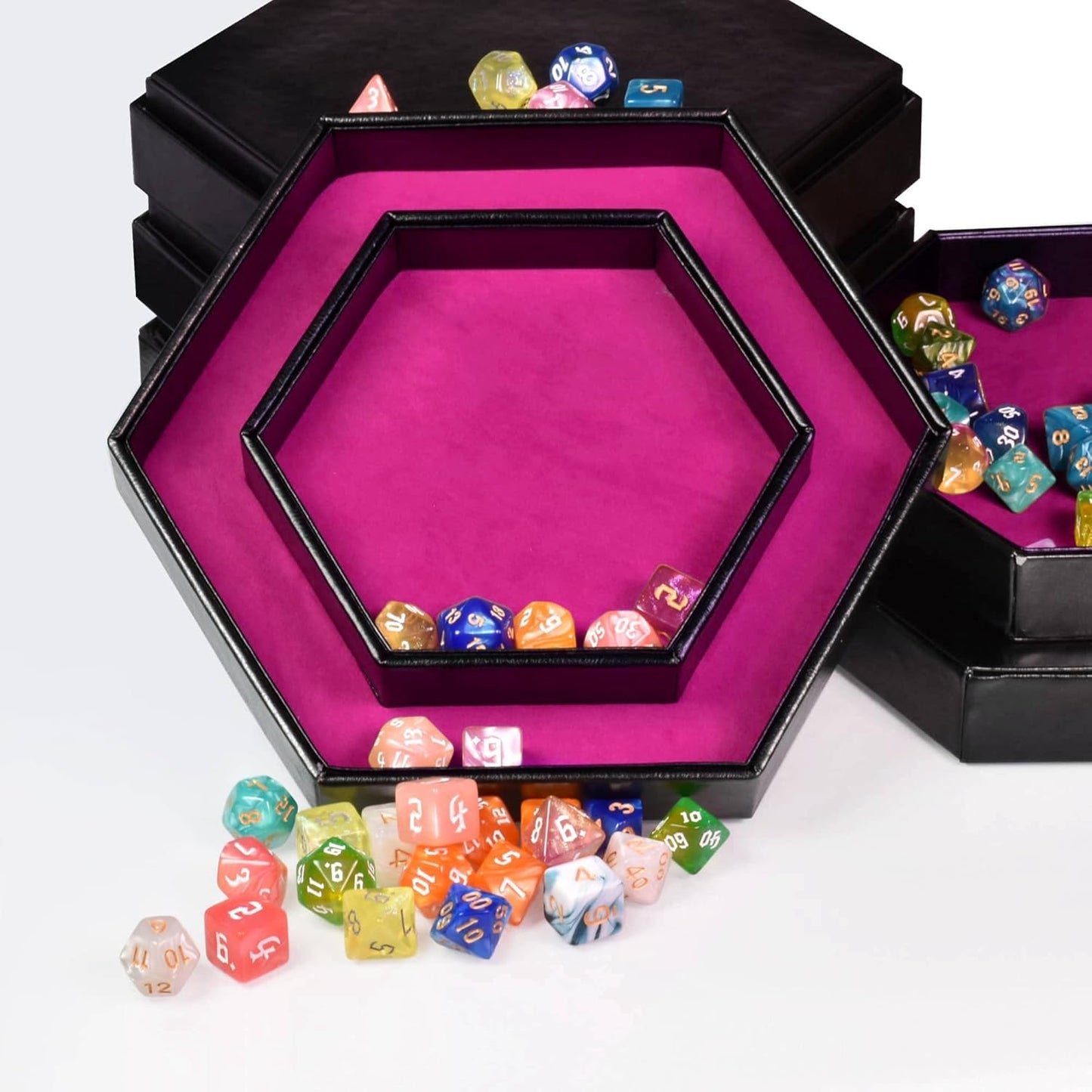 DND Dice Tray - 2 in 1 Rolling and Storage Hexagonal Tray, Faux Leather, Rose Red