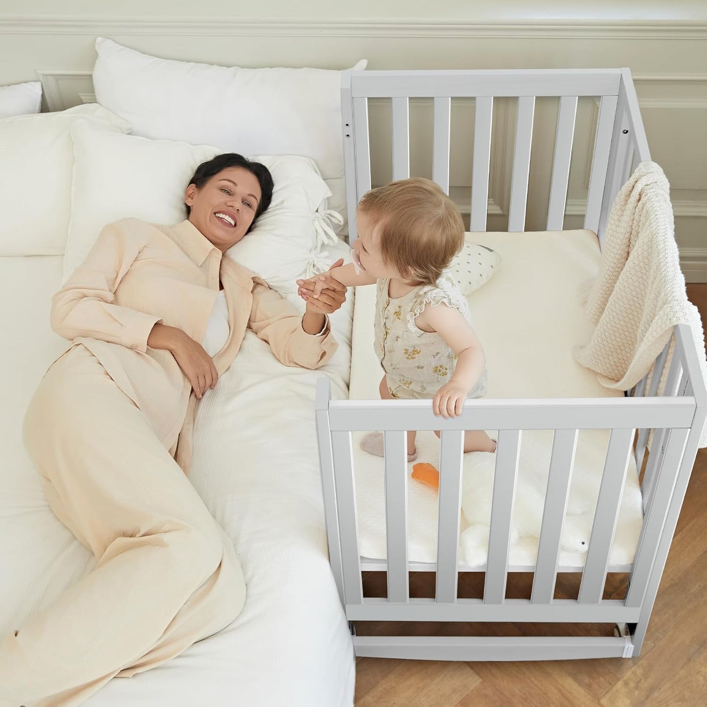 EvoNest Baby Crib, 11 in 1 Convertible Mini Crib with Wheels, 100% New Zealand Wood Growing Bed, 4 Adjustable Mattress Height,White