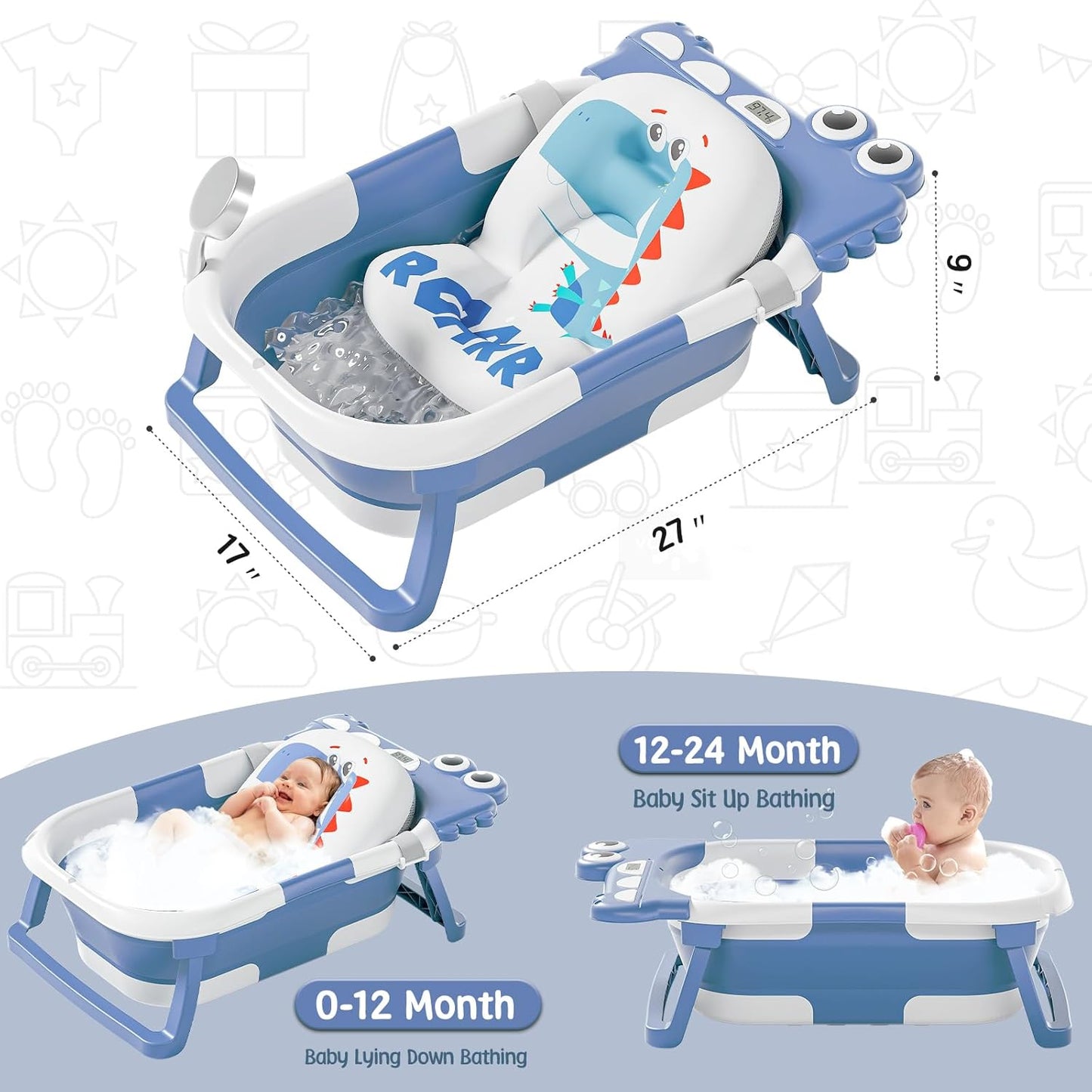 TPN Collapsible Baby Bathtub, Baby Bath Tub with Soft Cushion & Real-Time Thermometer, Baby Bathtub Infant to Toddler Tub (0-36 Months), Portable Newborn Travel Bath tub