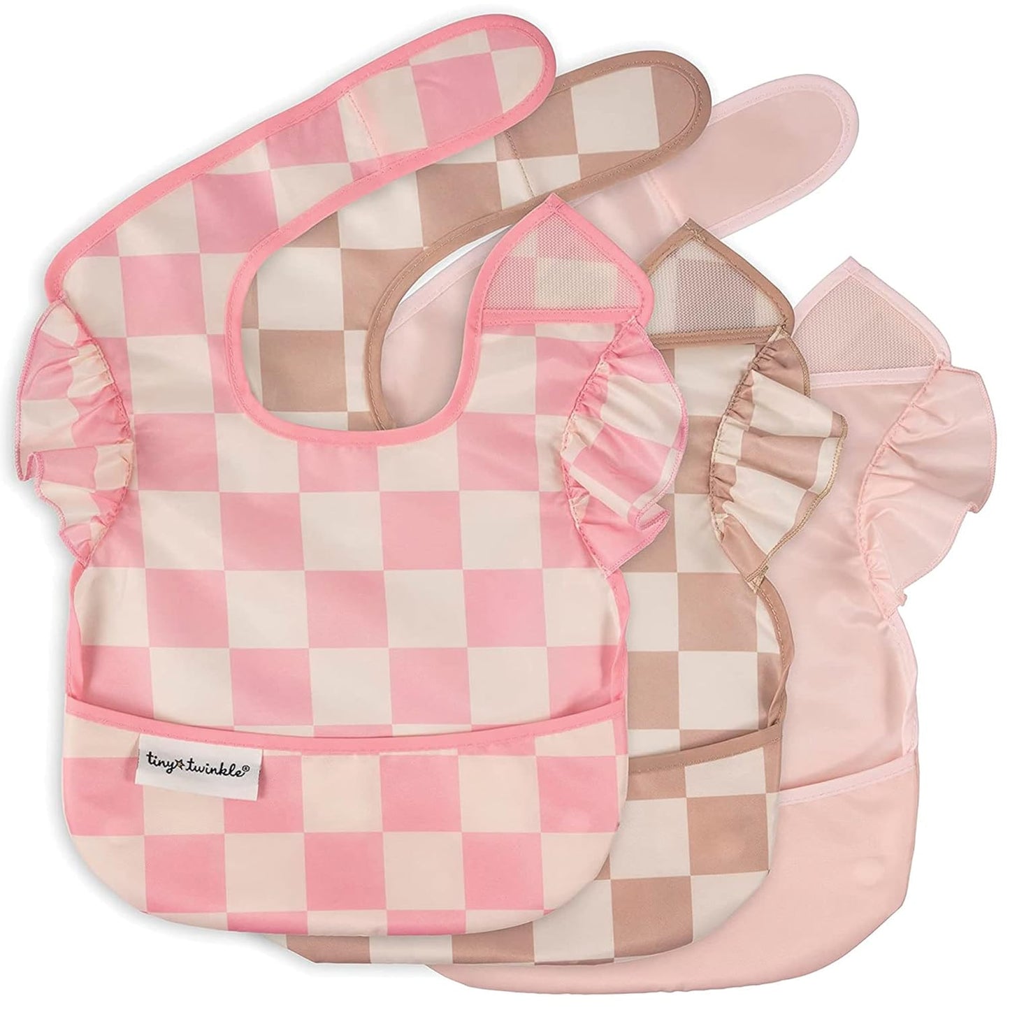 Tiny Twinkle Mess Proof Baby Bibs for Eating - Waterproof, Wipeable Bibs - Toddler Bibs - Travel Friendly - PFAS, PVC, BPA, Phthalate Free - Baby Food Bibs(3 Pack,Checkers Girl)