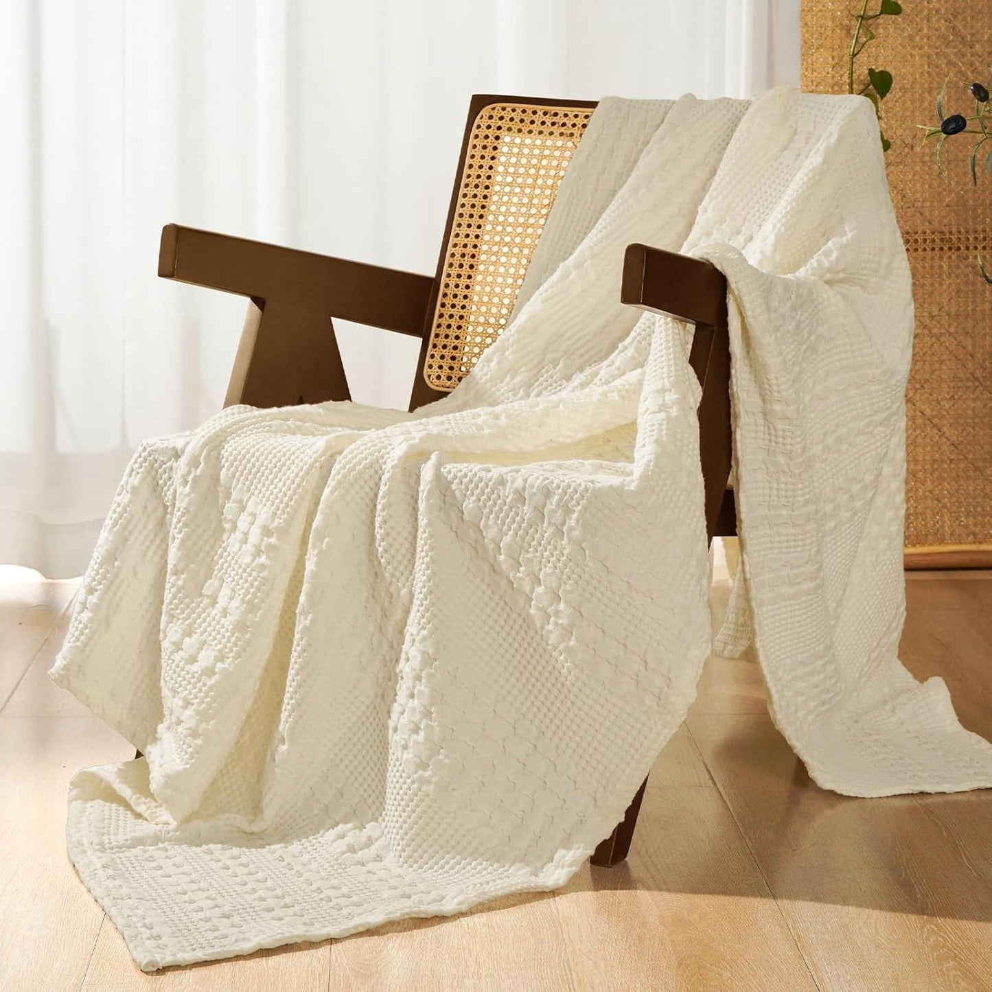 PHF 100% Cotton Waffle Weave Throw Blanket, Soft Lightweight Breathable Cozy Summer Throws for Couch Bed Sofa, Luxury Aesthetic Woven Blanket for Home Decor & Office, 50"x60", Cannoli Cream