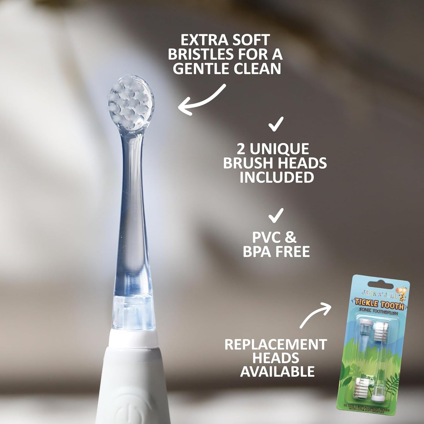 Jack N' Jill Tickle Tooth Toddler Electric Toothbrush with Replacement Head - Gentle Cleaning, Made for Tiny Teeth, LED Inspection Light, for Babies & Kids, Extra Soft Bristles - (1 Pack)