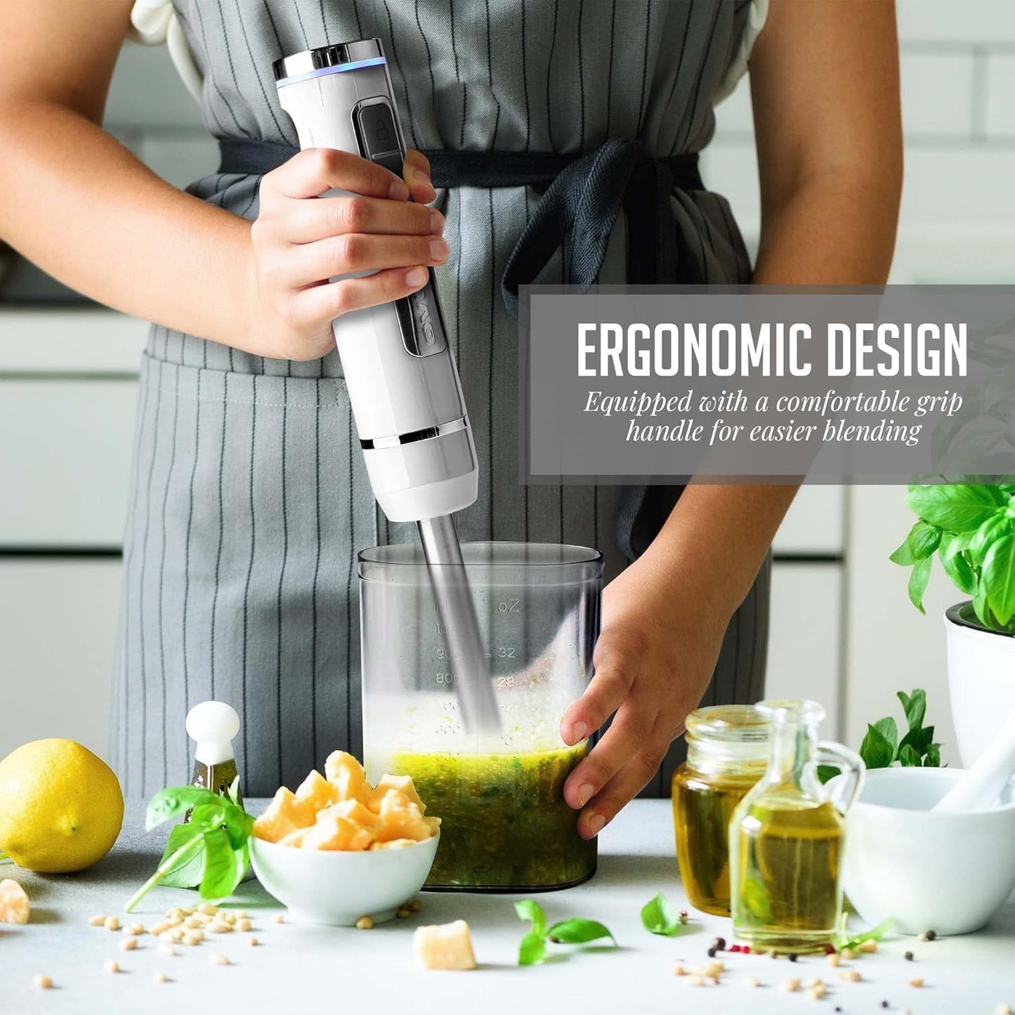 OVENTE Cordless Immersion Hand Blender, Rechargeable Handheld Portable Stick Mixer with 8 Mixing Speed Option, One-Touch Control and Stainless Steel Blades for Smoothies, Shakes or Soups, White HR781W