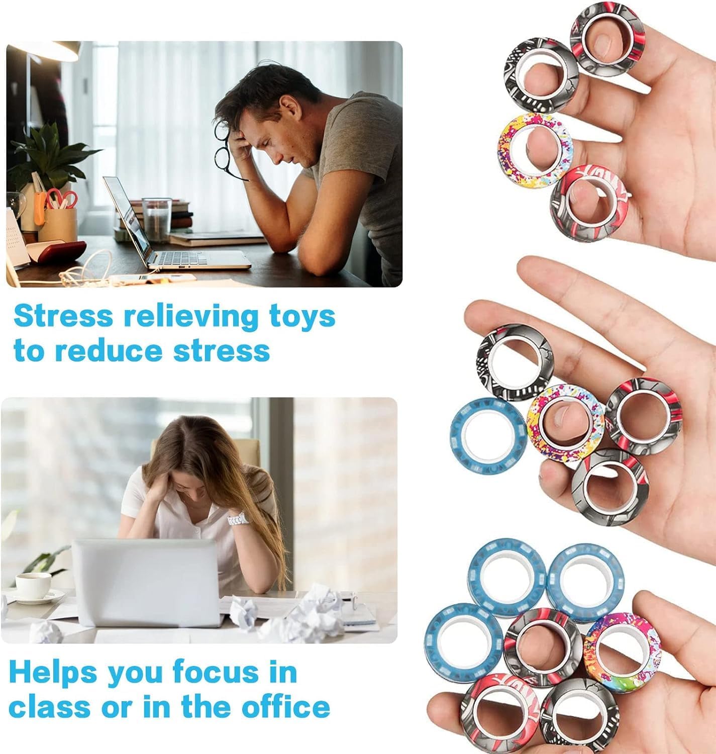 12Pcs Magnetic Rings Fidget Toys Spinner Set,Finger Magnet Rings Endless Hours of Fun ADHD Stress Relief Fidget Spinner for Relieve Anxiety Birthday for Adults Teens Kids