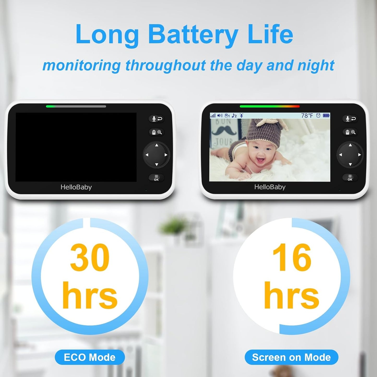 HelloBaby Upgrade 5’’ Baby Monitor with 30-Hour Battery, 2 Cameras Pan-Tilt-Zoom, 1000ft Range Video Audio Baby Monitor No WiFi, VOX, Night Vision, 2-Way Talk, 8 Lullabies and Temperature