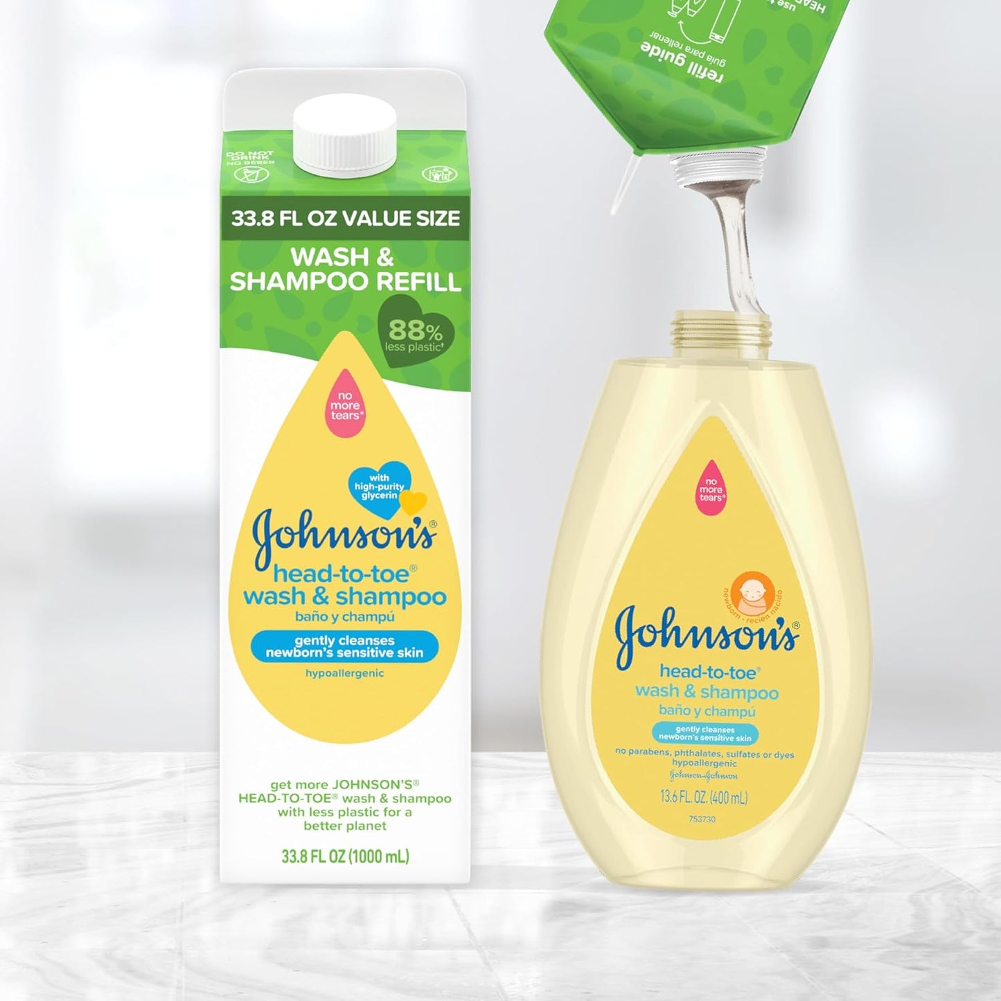 Johnson's Head-To-Toe Gentle Body Wash & Shampoo for Baby's Sensitive Skin & Hair, Tear-Free, Sulfate-Free & Hypoallergenic, Value Size Refill, 33.8 fl. oz (Pack of 2)