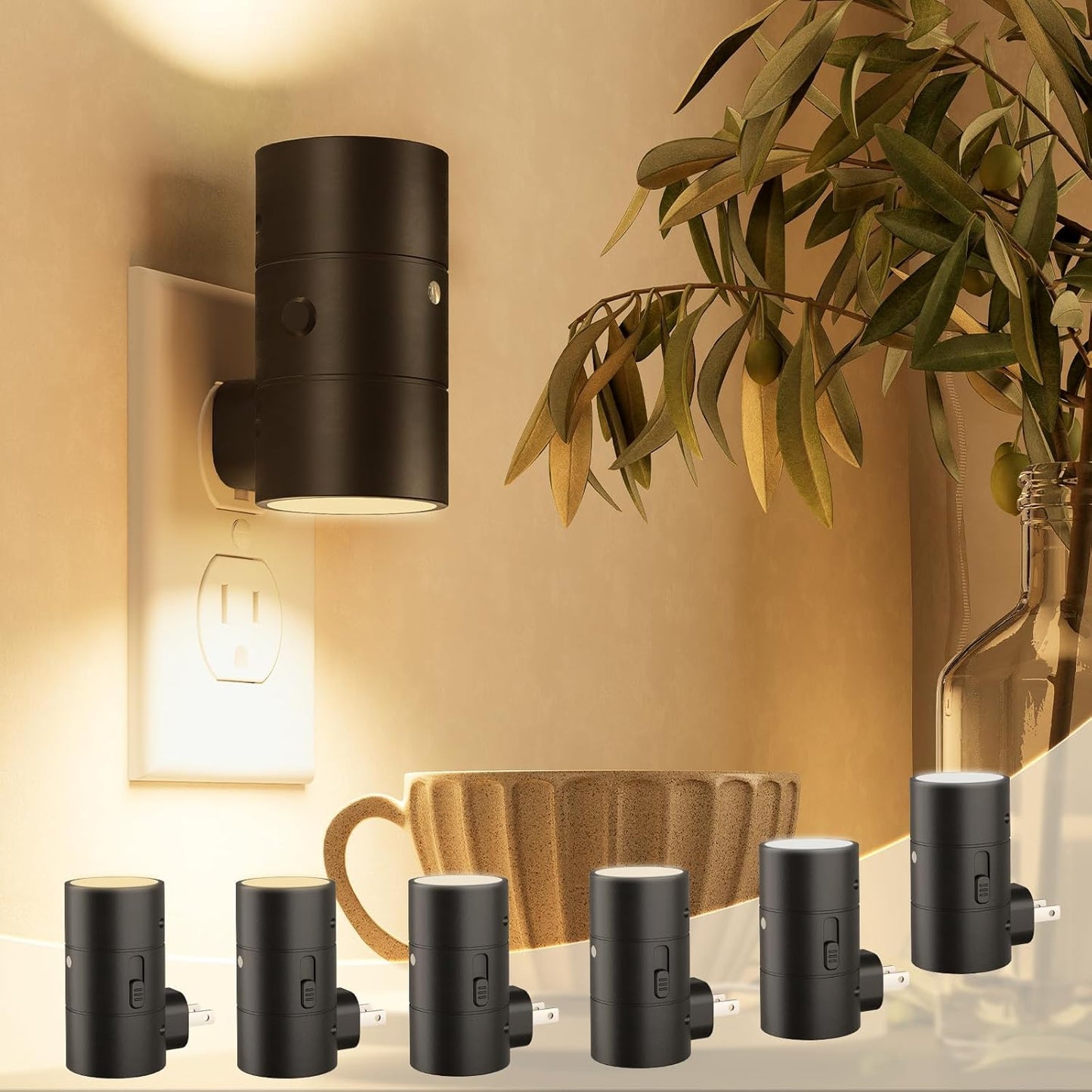 NIORSUN Dimmable Night Light,LED Night Lights Plug Into Wall 0-100LM with 3 Light Modes,Ultra-Slim Design,Dusk to Dawn Sensor,Night Light Plug in for Hallway Bathroom Stairway Bedroom,Black,6 Pack