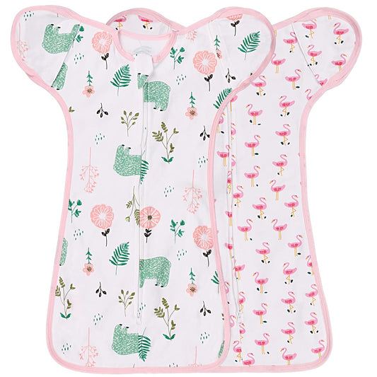 2 Pack Transition Swaddle with 2 Way Zipper, 2 in 1 Arms in/Out Transitional Arms Up Swaddle, 100% Cotton Newborn Swaddles Zipper Swaddles Baby Swaddling Sack Sleeping Sack 0-3 Months, Flamingo & Bear