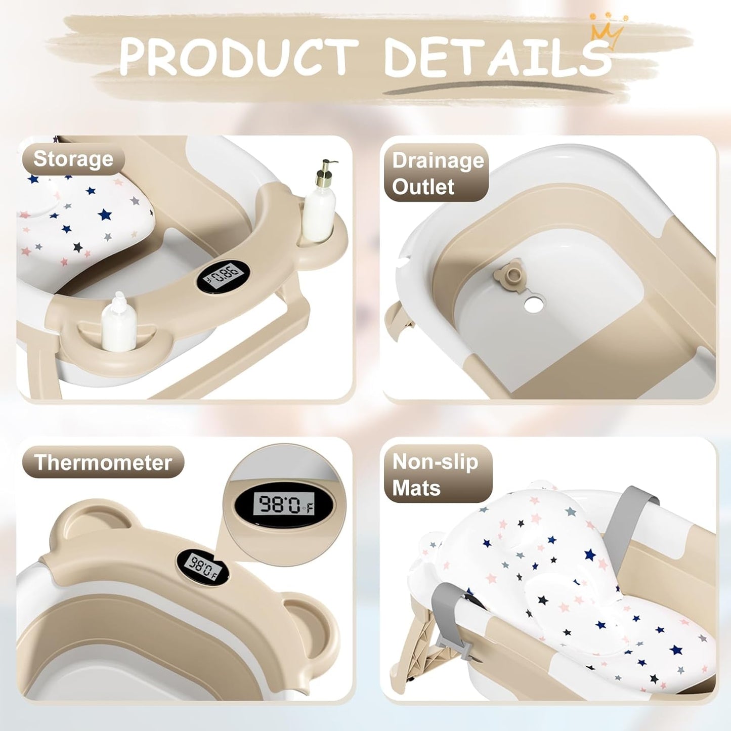 TPN Collapsible Baby Bathtub, Baby Bath Tub with Soft Cushion & Real-Time Thermometer, Baby Bathtub Infant to Toddler Tub (0-36 Months), Portable Newborn Travel Bath tub