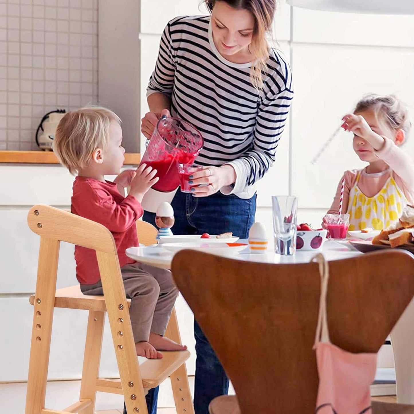 Wooden High Chair for Toddlers, Adjustable Feeding Chair with Removable Cushion for Child, High Chair Grows with Kid for Dining, Studying, Step Tool(Natural Color)