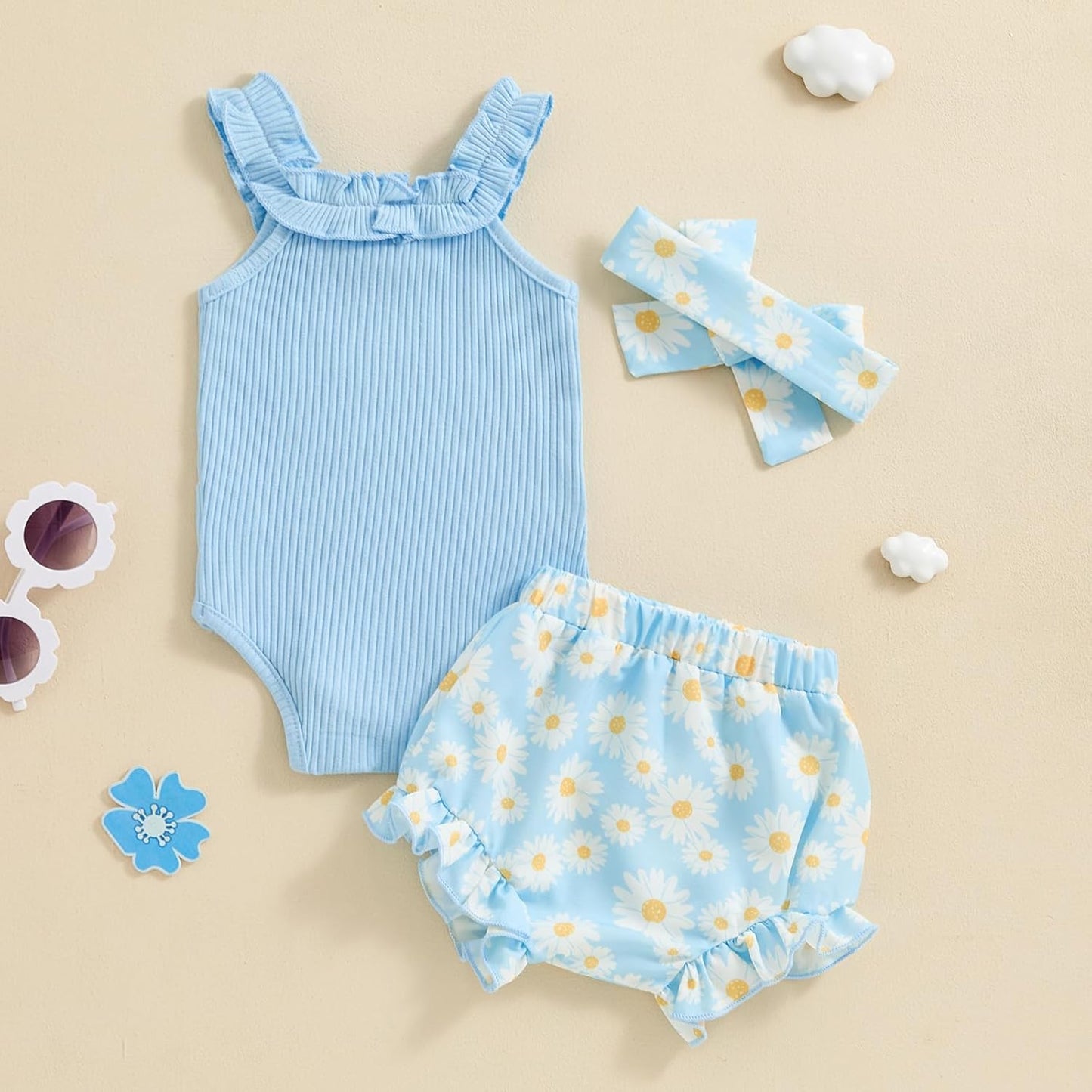 fhutpw Baby Girl Clothes Summer Cute Outfits 3 6 12 18 Months Spaghetti Strap Romper & Floarl Shorts Sets