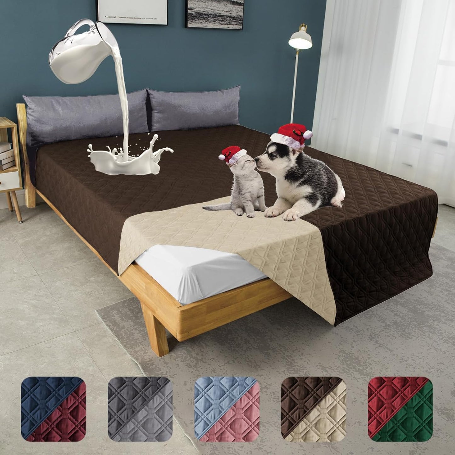 100% Waterproof Dog Bed Cover 102x82 in Reversible Reusable Camping Mat for Kids/Pet/Dog/Cat Washable Geometric Embroidery Blanket Patchwork Brown+Beige