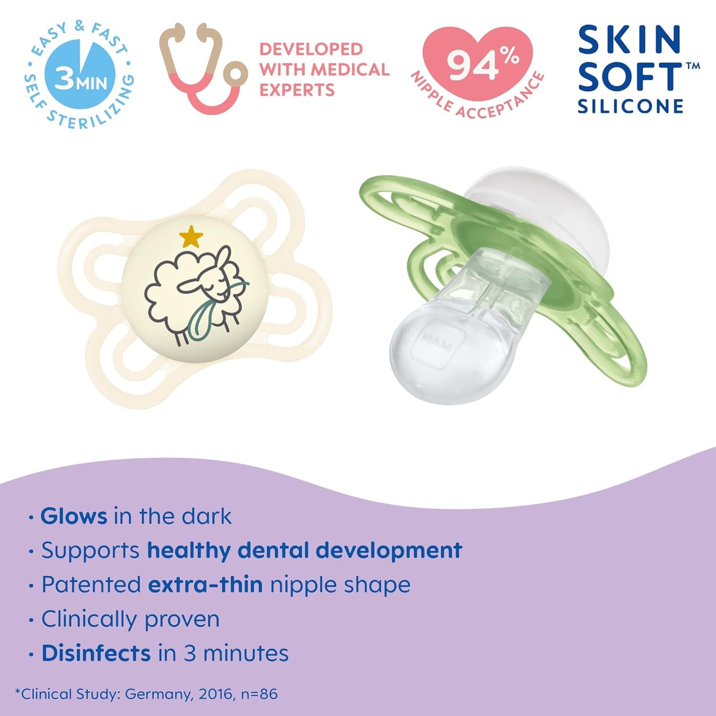 MAM Feel Good Glass Baby Bottle and Pacifier Bundle, Unisex, Slow Flow and Medium Flow, Premium 5oz and 9oz Glass, Easy Switch Between Breast to Bottle, MAM Perfect Night Pacifier 0+ Months, Glows in