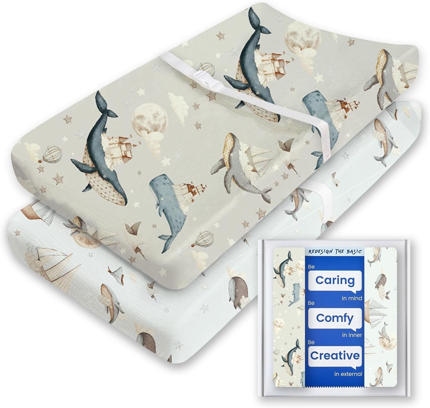 Premium Soft Boho Changing Pad Covers for Girls & Boys - Stretchy Jersey Sheets - Fits Standard Changing Tables - 2 Pack (Whale Dreams)