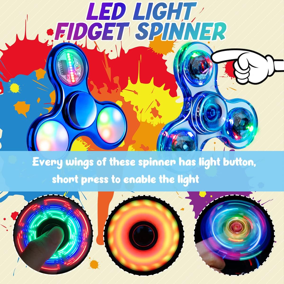 3 Pack Fidget Spinner Toy, Led Light Up Finger Spinner, Push Pop Bubble Fidget Spinner, Hand Spinner for Anxiety Relief and Stress Reduction, Party Favor Gifts for Children