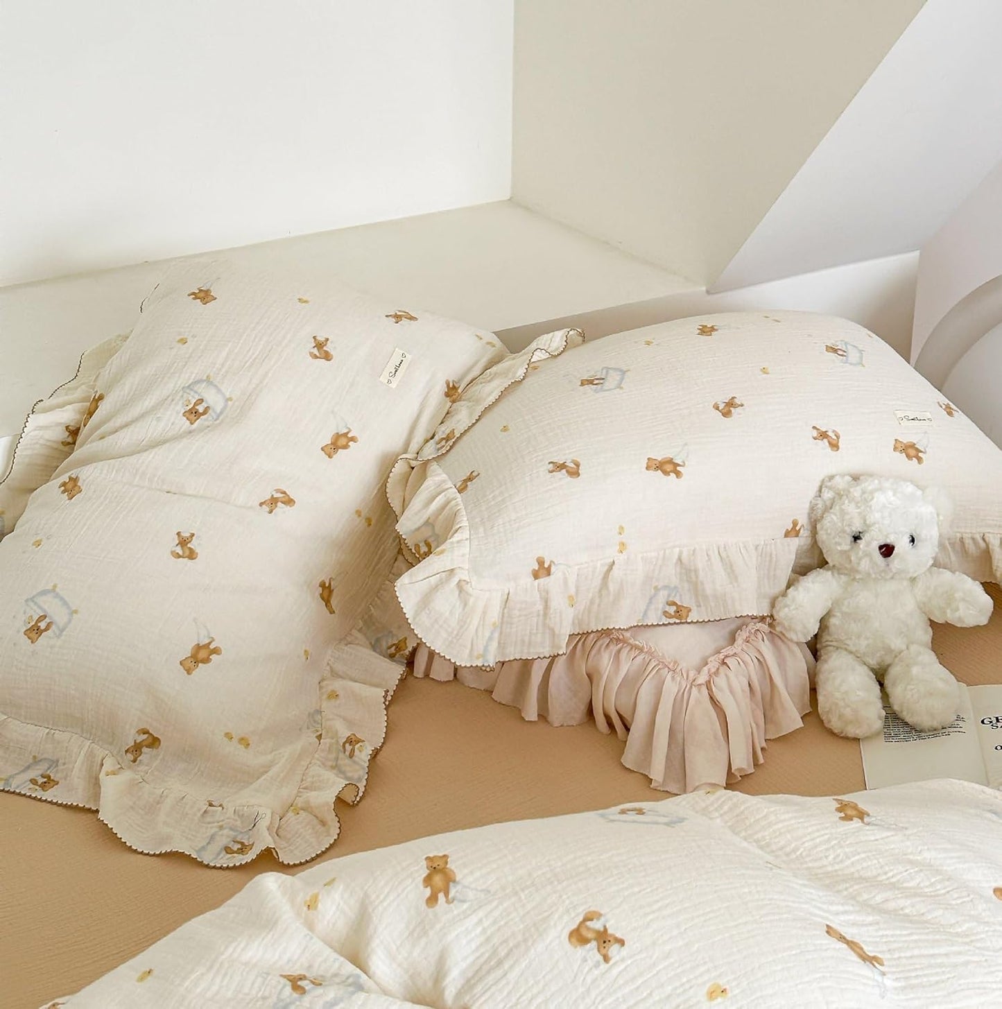 BuLuTu Cute Bear Toddler Pillowcases Muslin Cotton, Breathable Soft Kids Pillow Case 14"x20", Baby Boys Girls Pillow Covers, Bathing Bear Pattern, Nursey Bedding Decor