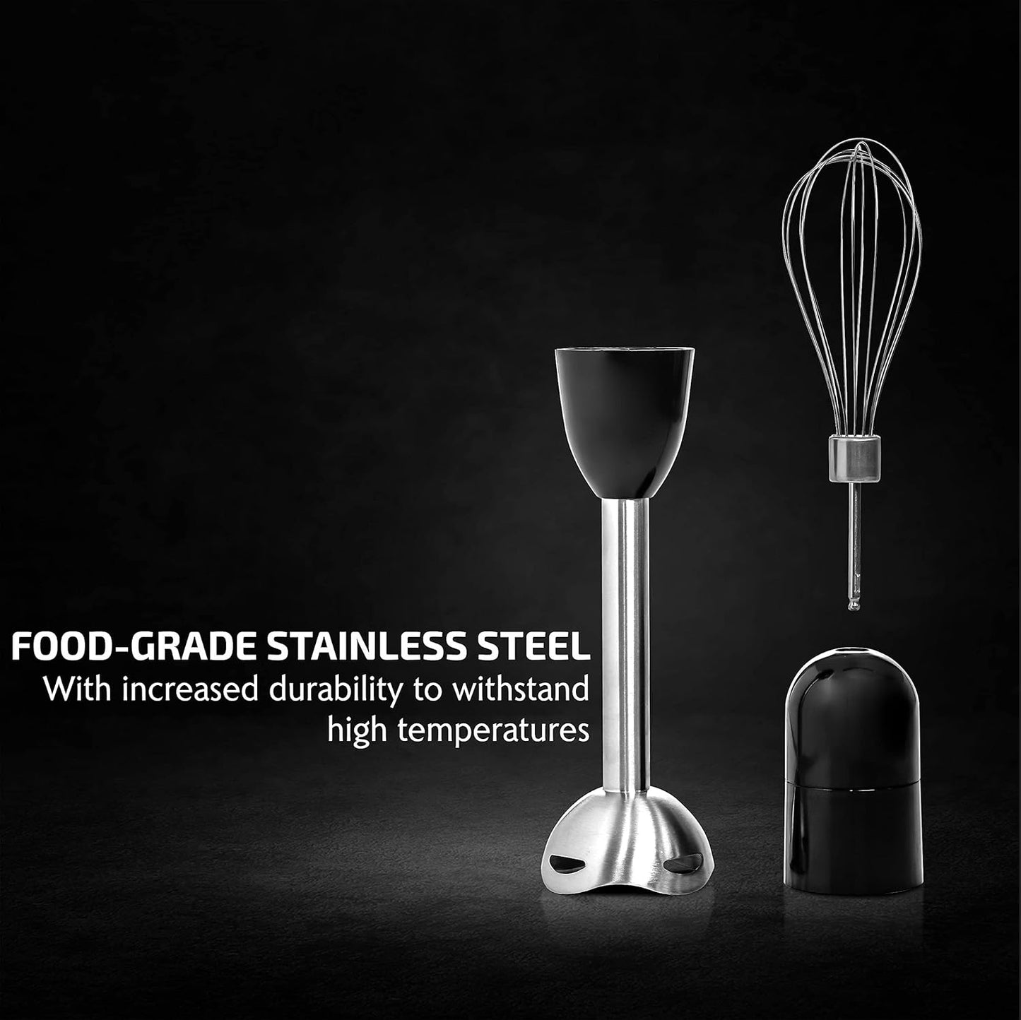 OVENTE Immersion Hand Blender, 300W Electric Handheld Portable Stick Mixer Set with 2 Mixing Speed, Stainless Steel Blades, Egg Whisk Attachment, Mixing Beaker and BPA-Free Food Chopper, Black HS565B