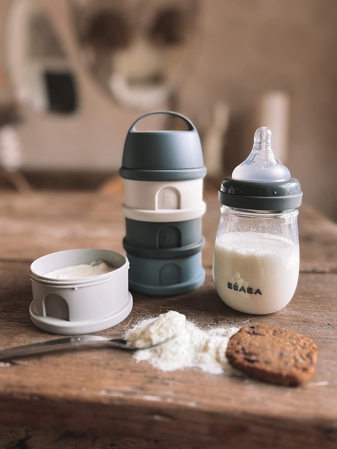 BEABA Formula and Snack Container, Baby Formula Dispenser, Toddler Baby Snack Storage Container, Holds up to 11 Doses of Milk Powder Per Compartment, Made in France, Rain