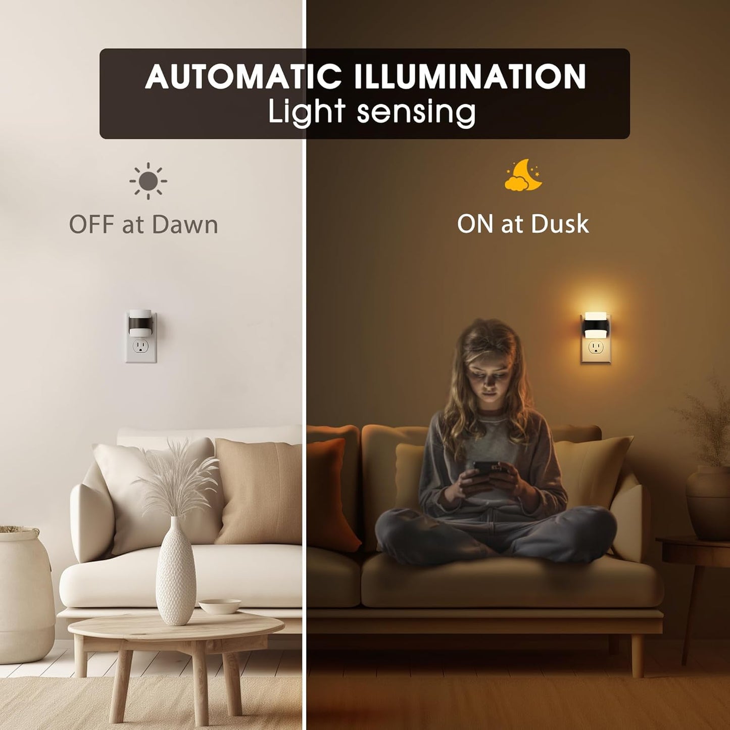 Night Light, Night Lights Plug into Wall, LED Nightlight for Kids & Adults, 3CCT Adjustable 3000K/4000K/5000K Color, Dusk to Dawn Sensor, 3 Brightness Levels, 2 Pack