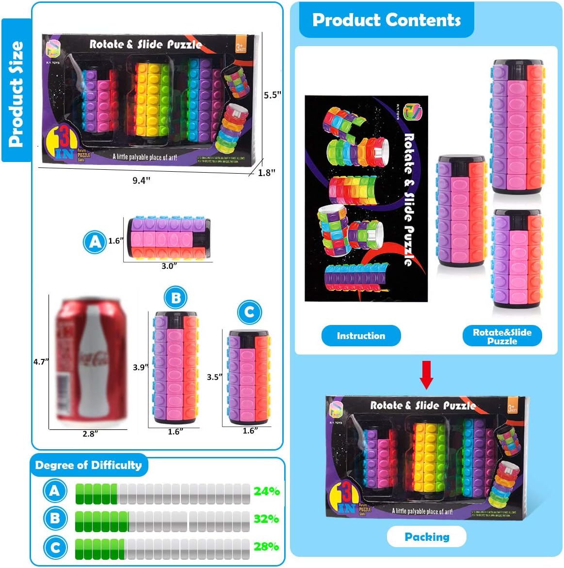 R.Y.TOYS Rotate and Slide Puzzle-Design Patent,Fidget Toys(Restore Order/Create Patterns) 8 Colors,4, 6 and 8 Layers-Detach Piece for Quick Play,Brain Teaser,Sensory Toy Gift,Easter Basket Stuffers