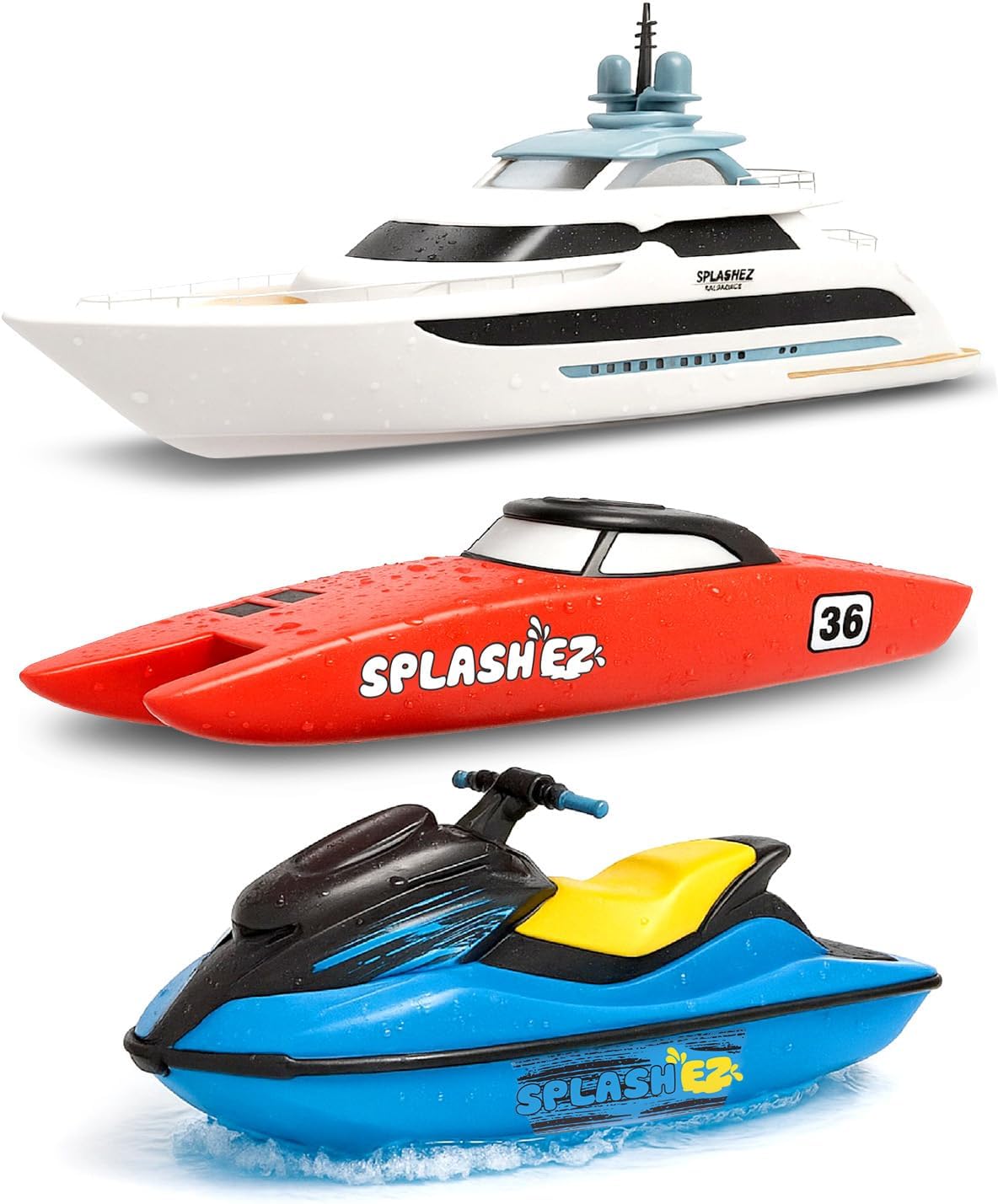 SplashEZ Bath Toy Boats for Toddlers, Mold Free Boat Bath Toys for Kids & Toddlers, No Hole for Water Floating Ships for Bathtub, Pool, Shower for Boys & Girls, 3-Pack: Jet Ski Yacht Catamaran
