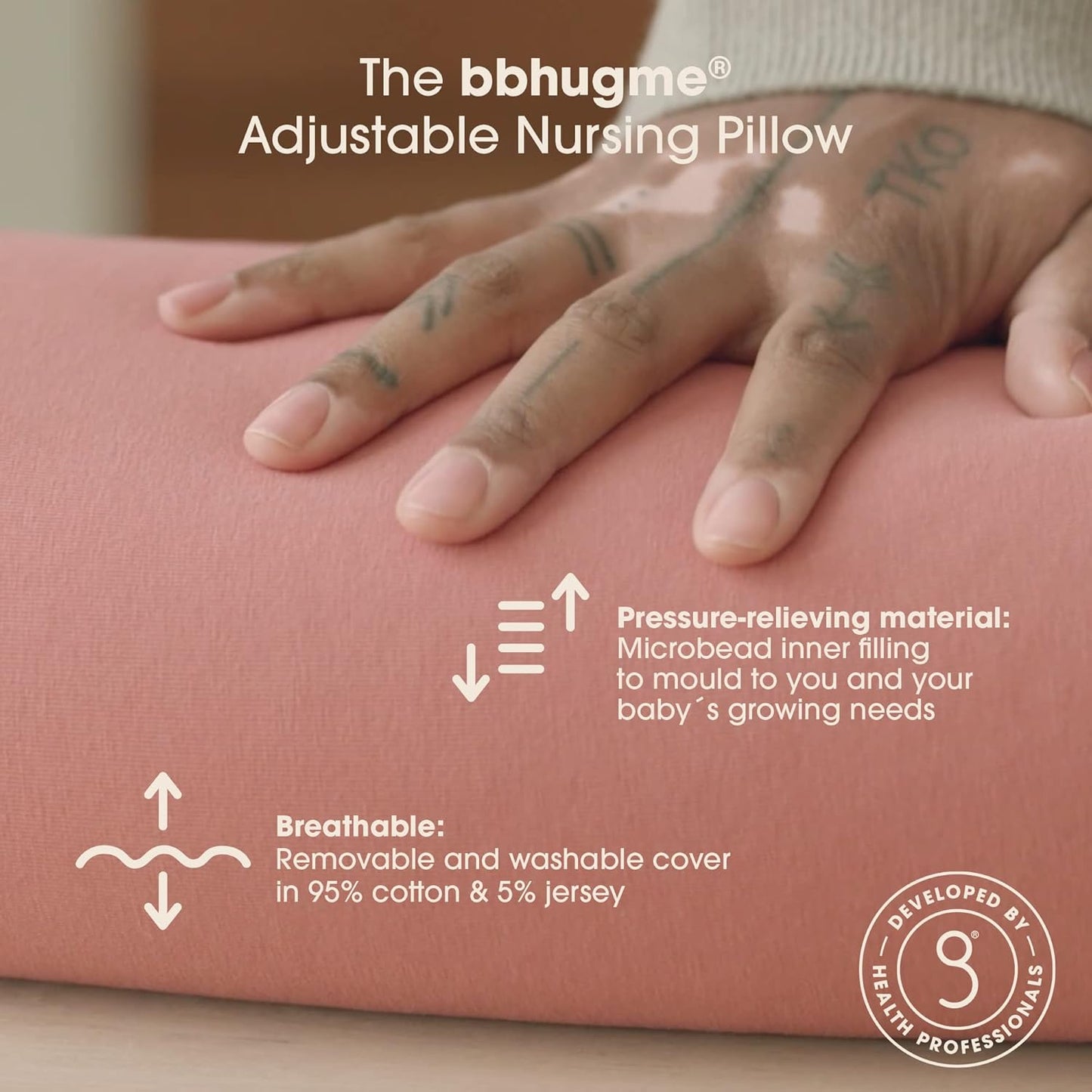 bbhugme Adjustable Nursing Pillow - Breastfeeding, Bottle Feeding, Baby Support - Adjustable Firmness and Fit - Washable Pillow Cover - Pink Melange…