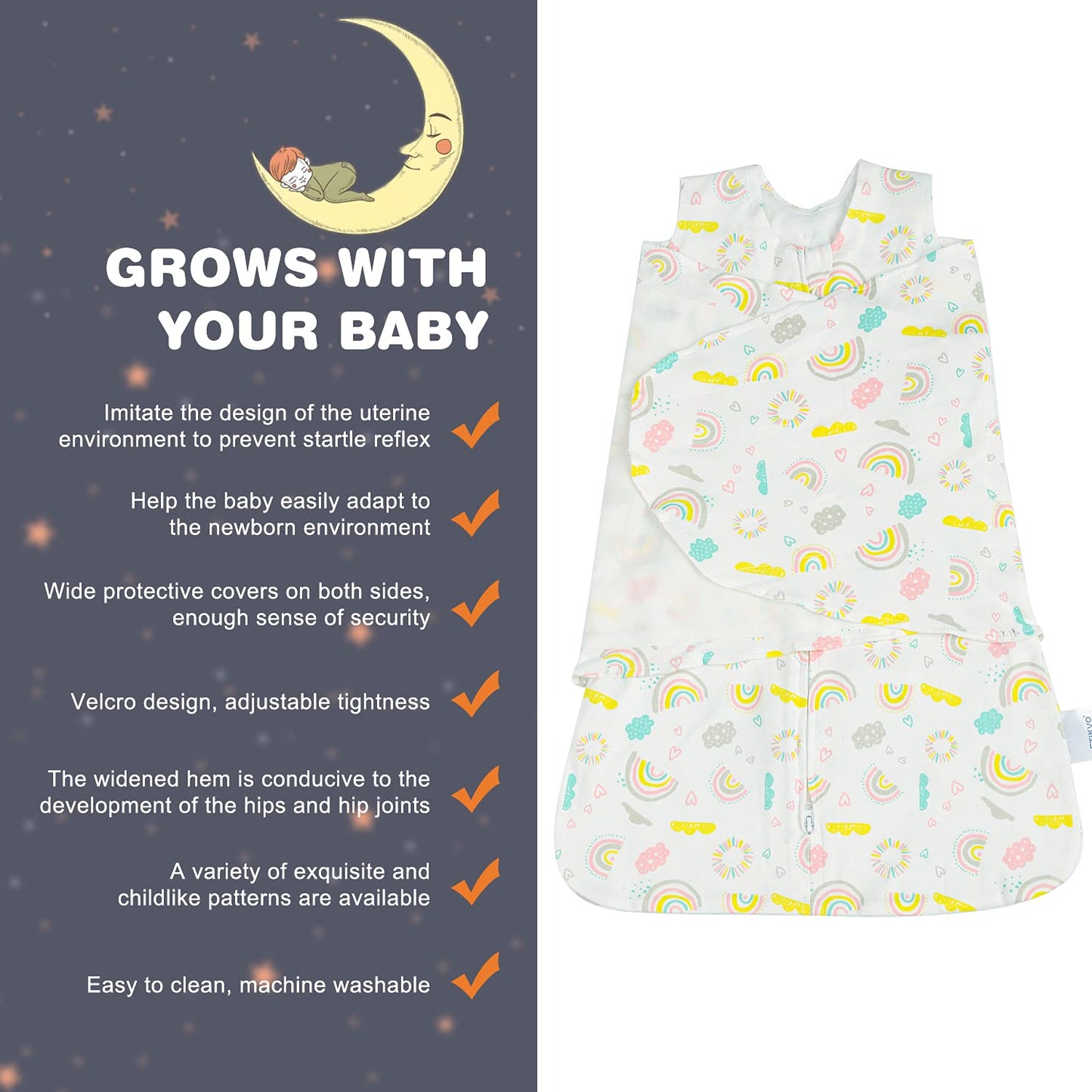 Swaddle-Blanket Baby Girl & Boy Swaddles Newborn Infant Transition 100% Cotton Wrap Blankets, 3-Way Adjustable Wearable Blanket, TOG 1.0 (Rainbow, 3-6 Month)