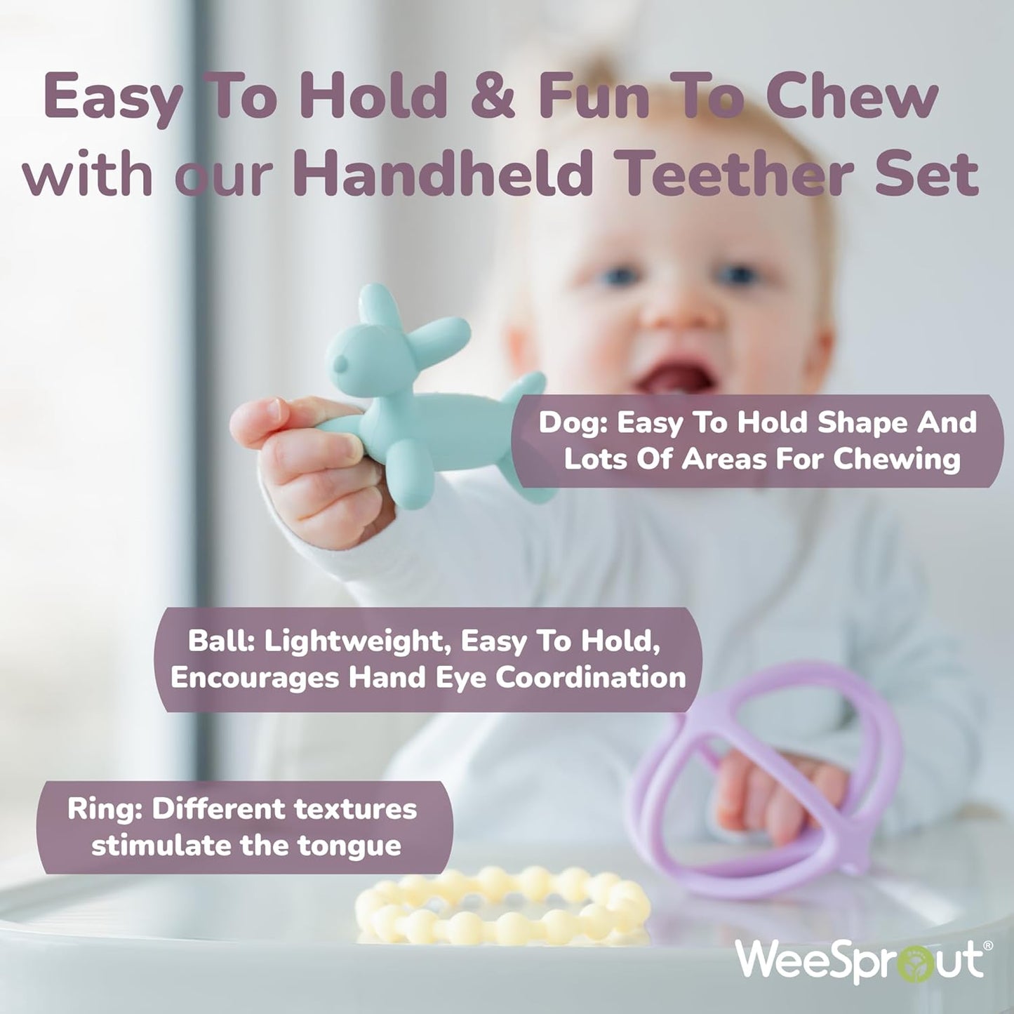 WeeSprout Silicone Baby Teether Toys for Infant Babies and Toddlers, Cute Ring, Puppy Dog, and Ball, Soft and Flexible, BPA Free, Boys and Girls (Matte Dark Gray, Tan & Off White)