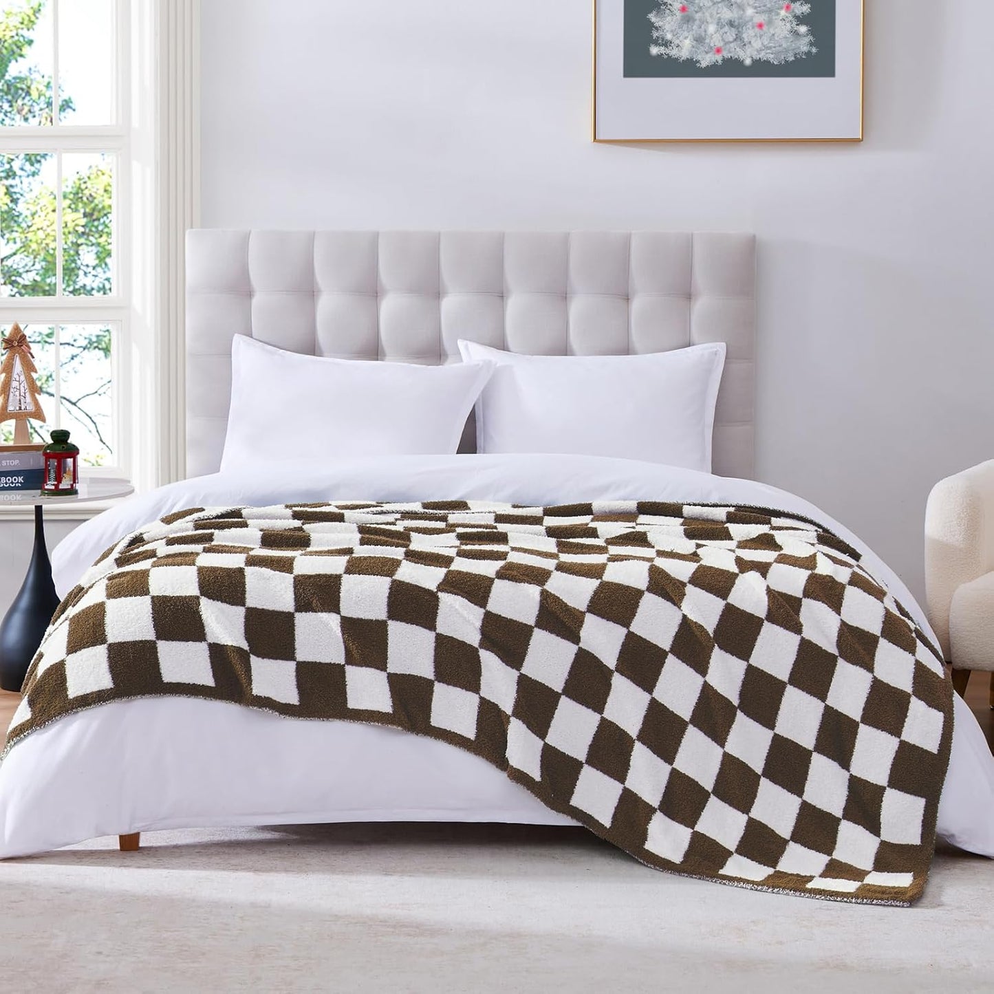 WRENSONGE Checkered Throw Blanket, Coffee Soft Cozy Fluffy Warm Hand Made Throw Blankets for Couch, Sofa, Chair, Bed, Camping, Picnic, Travel Lightweight Bed Blanket - 60"*80"