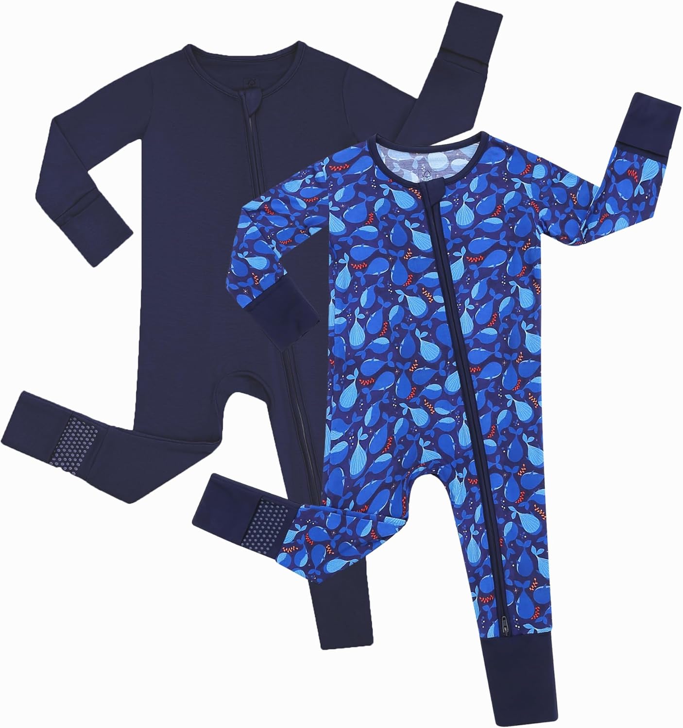 JunNeng 2Pcs Baby Rayon from Bamboo Sleeper with Mitten Cuffs, Footless Zipper Cozy Pjs, Non-Slip Soles Romper