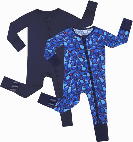 JunNeng 2Pcs Baby Rayon from Bamboo Sleeper with Mitten Cuffs, Footless Zipper Cozy Pjs, Non-Slip Soles Romper