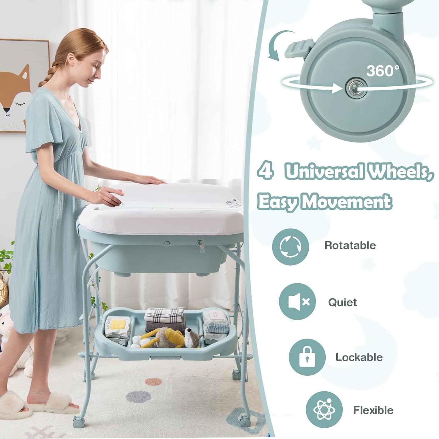 HONEY JOY Baby Changing Table with Bathtub, Foldable Infant Diaper Changing Station with Wheels, Storage Tray, Waterproof Pad, Portable Newborn Nursery Organizer Bath Stand for Boys Girls (Blue)