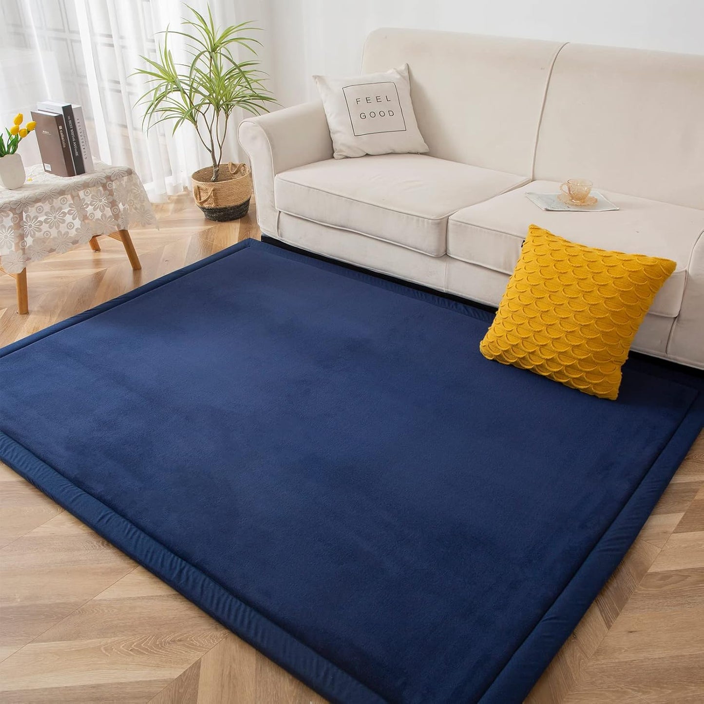 MAXYOYO Black Coral Velvet Area Rug, Thick Japanese Tatami Mat Living Room Carpet with Non-Slip Backing, Large Solid Color Mat for Bedroom Dormitory Yoga, 49 by 49 inch