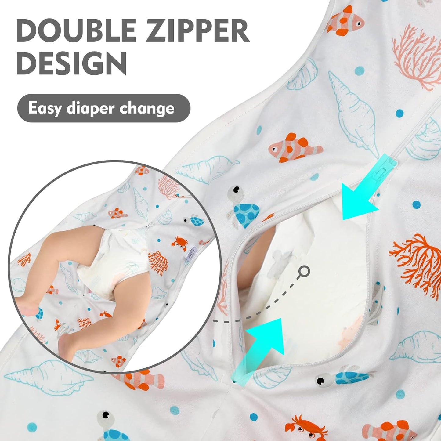 Baby Transitional Swaddle Sleep Sack - Swaddles for Newborns, Cuff Removable Arms Up Design, Free Wearable Blankets with 2-Way Zipper, Underwater World (3-6 Month)