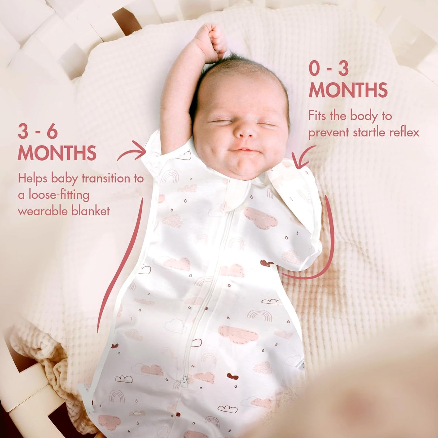 Baby Transitional Swaddle Sleep Sack - Arms Up Swaddles for Baby Girl, 3-6 Months Newborn Swaddle Sleep Sack with Cuff Removable & 2-Way Zipper Design, Pink Cloud Transition Sacks