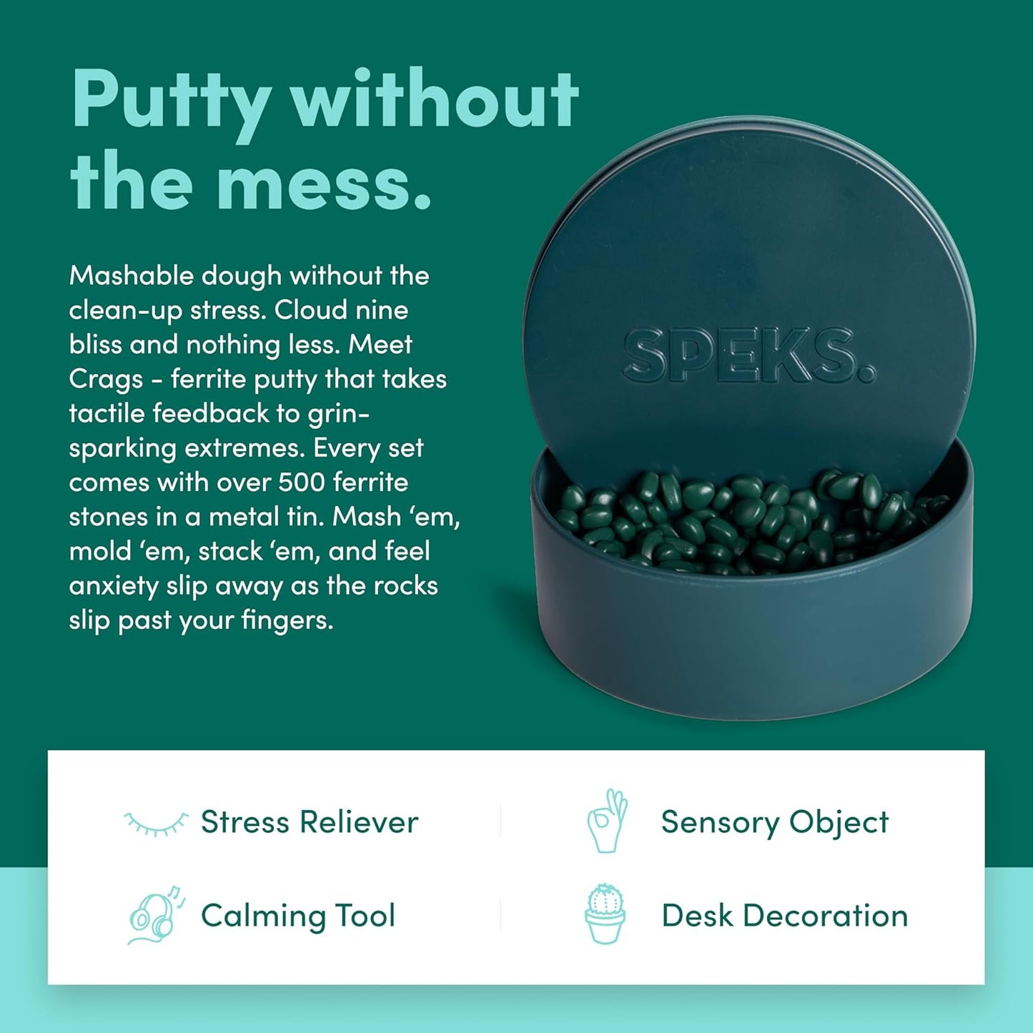 Speks Crags Ferrite Putty, Over 500 Ferrite Stones in a Metal Tin, Seriously Satisfying Fidget Toys for Adults and Desk Toys for Office, Matte Jade, Medium