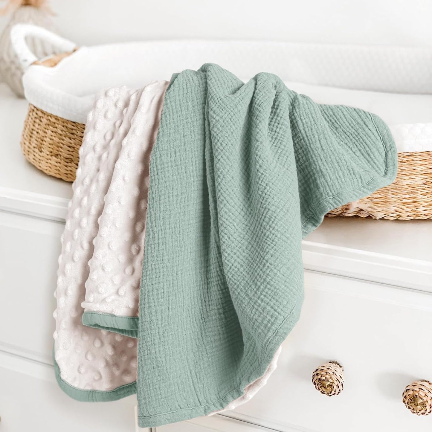 lulumoon Baby Blanket for Newborn Receiving: Minky Dot & Muslin Lightweight - Thermal Blanket Gift for Baby Shower & Hospital Welcoming 30"x40"（Sage）