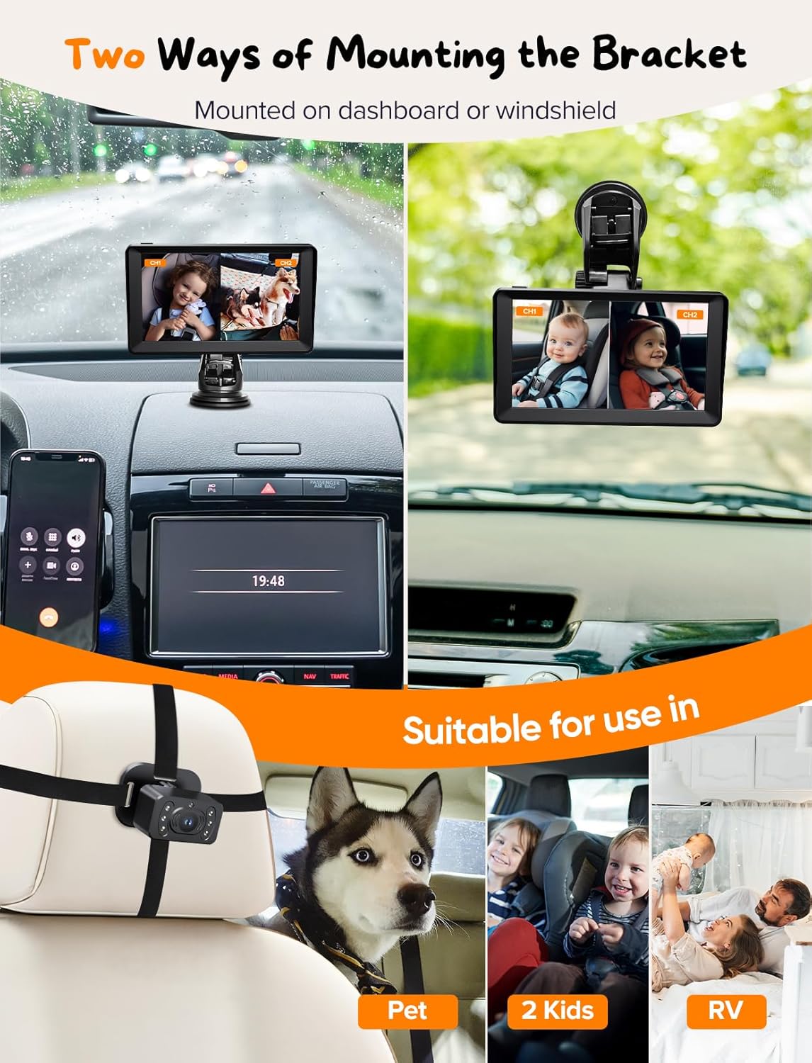 Kidsneed Baby Car Camera 7-Inch Baby Monitor for Car with USB Plug and Play Easy Setup 360 Degree Rotating Backseat Camera Two Kids HD 1080P Rear Facing Seat Cameras