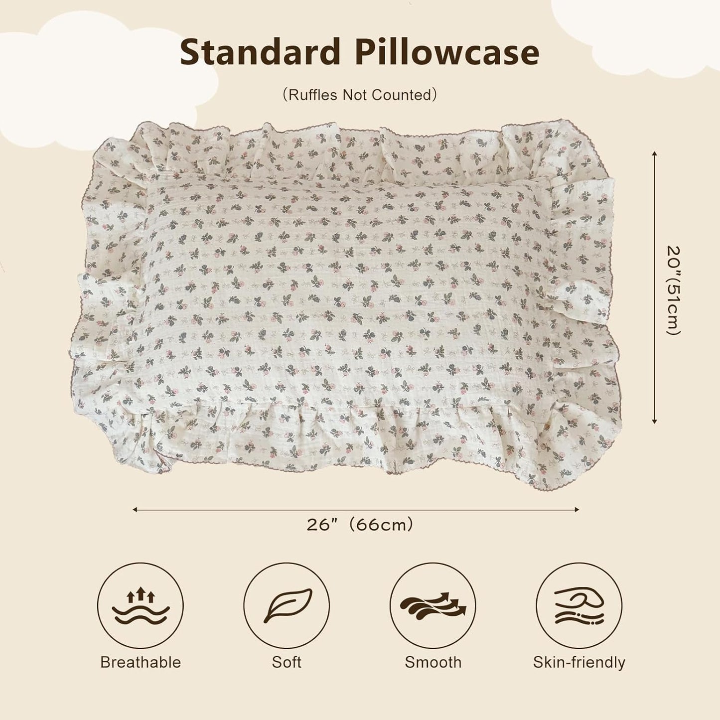 BuLuTu Muslin Cotton Kids Pillowcase Standard Size, 20"x26", Pink Bellflower Print Pillow Covers Soft Breathable Oeko-TEX Certified Girls Pillow Cases for Travel/Daycare/Nursery Decor,1 PC